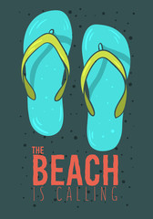 Beach Summer Poster Design With Flip Flops Slippers Beach Shoes Hand Drawn Illustrations.