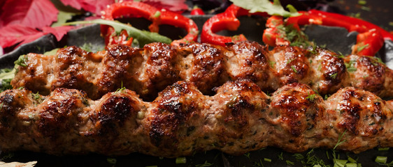 juicy fried kebab meat middle east cuisine concept. traditional kitchen. delicious fatty food.