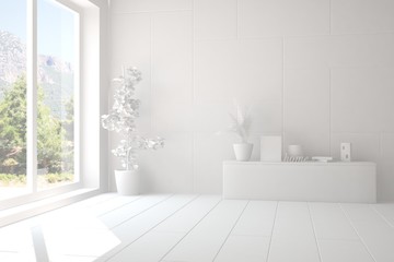 White empty room with summer landscape in window. Scandinavian interior design. 3D illustration
