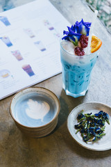Butterfly pea cappuchino in the organic cafe.