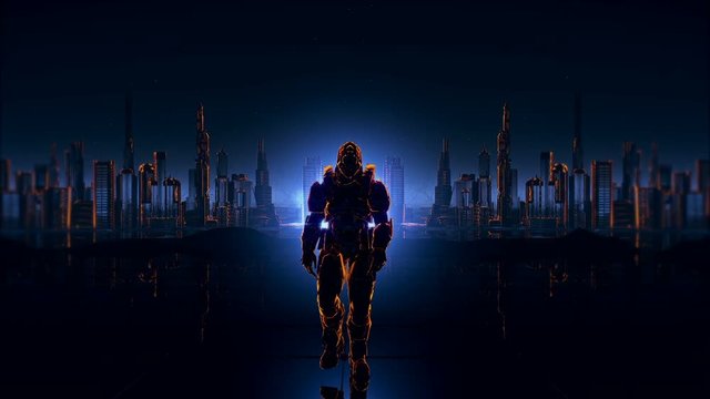 Futuristic soldier on a future city background.