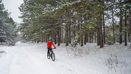 Cyclist in Red Riding Mountain Bike in Beautiful Winter Forest. Extreme Sport and Enduro Biking Concept.