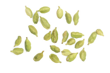 Green cardamom seeds isolated on white background. Top view. lay flat