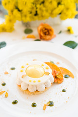 soft and delicious cheesecake on white background. dessert for children. floral decoration. confectionery art.