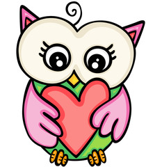 Cute owl girl holding heart