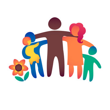 Happy family icon multicolored in simple figures. Three children, dad and mom stand together.  can be used as logotype