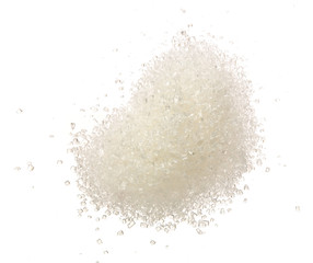 Fototapeta na wymiar Heap of granulated sugar isolated on white background. Top view. Flat lay