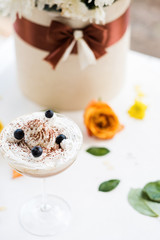 delicious latte coffee morning celebratory concept. floral decorations. festive atmosphere.