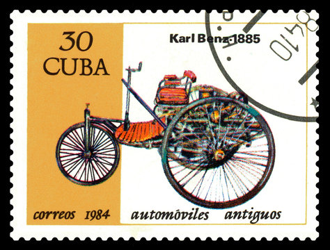 Postage stamp. Antique car Karl Benz 1885.