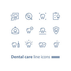 Stomatology services, dental care, prevention check up, hygiene and treatment, line icons
