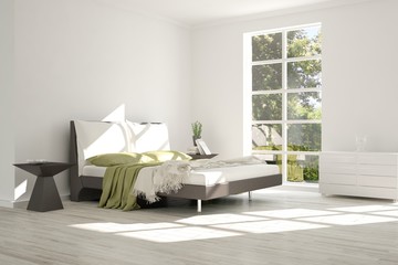 Fototapeta na wymiar Inspiration of white minimalist bedroom with summer landscape in window. Scandinavian interior design. 3D illustration