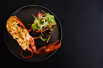 ready made stuffed lobster restaurant dish concept. proper nutrition. lifestyle of high society. free space