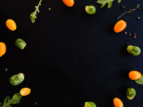 Free Space Restaurant Food Dark Background Concept. Inspiration Time. Vegetables Composition.