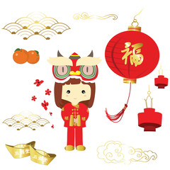 Gold red Chinese new year card with lantern and girl