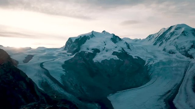 Sunrise aerial panorama shot of the Gorner glacier in Zermatt, Switzerland