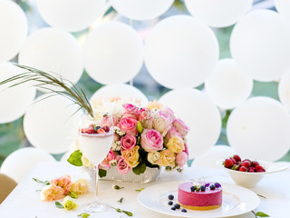 woman party birthday morning dessert cocktail concept. beautiful decoration. delicious food and beverages.