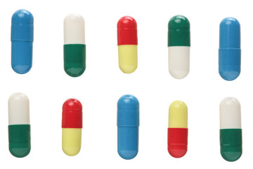 pill capsule isolated on white background. Top view. Flat lay