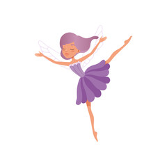Cute fairy in beautiful purple dress. Little girl with magic wings in flying action. Imaginary fairytale character. Mythical creature. Cartoon flat vector design