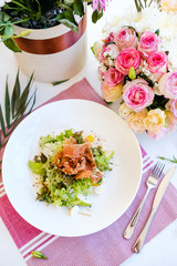 delicious celebrative salad breakfast concept. restaurant food. festive atmosphere