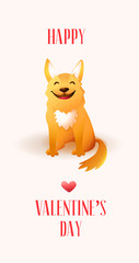 Happy Valentines day card with cute orange dog. Vector background.