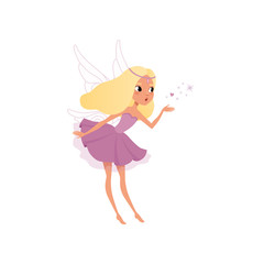 Fairy with long blond hair spreading magical dust. Pixie girl in fancy purple dress with wings. Little mythical creature. Imaginary fairytale character. Flat vector