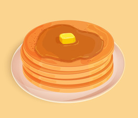 Pancakes with honey, topping or maple syrup and a piece of butter on a plate. Icon isolated on beige background. Vector illustration. Usable for design menu, recipe, banner, poster