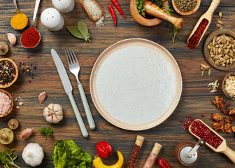 Empty plate, silverware and ingredients