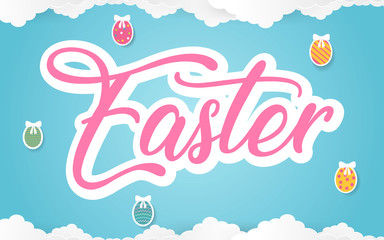 Happy Easter Day paper art card design with candy colors.Happy Easter abstract haging with 2D, paper art eggs in candy blue sky. Vector illustration. EPS 10