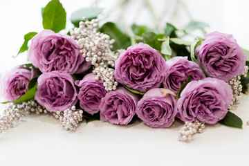 Beautiful flower arrangement for a special occasion. Pink roses on white background. Floral gift on Mother's Day or March 8