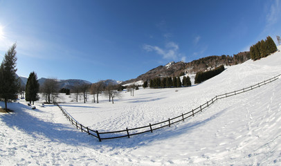 Fototapeta na wymiar panorama mountains with wide fish eye lens and snow