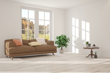 Idea of white minimalist room with sofa. Scandinavian interior design. 3D illustration