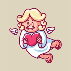 Cute cupid baby character with wings and heart. Romantic hand drawn love illustration art in cartoon for valentine day, for print, greeting card, poster