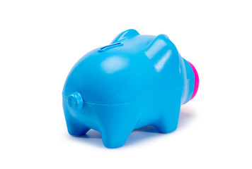 Blue piggy bank on white background