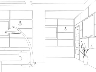 Render Interior design of open space living room in luxury house.