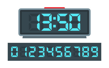 Blue digital clock and set of glowing numbers