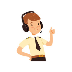 Air traffic controller character, boy in uniform with headset of vector Illustration © topvectors