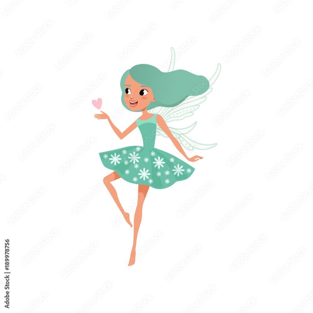 Wall mural Cartoon fairy character. Beautiful girl with long turquoise hair wearing cute dress. Imaginary fairytale creature. Flat vector for postcard, sticker or children s book