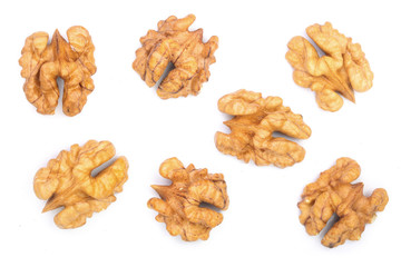 walnut kernels isolated on white background. Top view. Flat lay