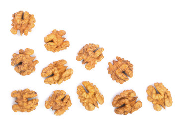 walnut kernels isolated on white background with copy space for your text. Top view. Flat lay