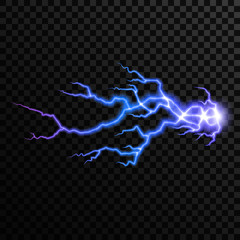 Realistic vector thunderbolt, bright magic lighting effect. Electric light thunder spark isolated on transparent background, for your design.