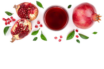 pomegranate juice with fresh pomegranate fruits isolated on white background with copy space for your text. Top view