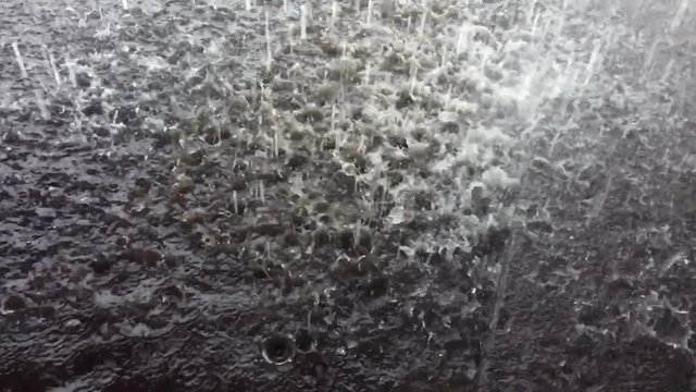 Rain falling in a deluge from a storm drain onto the street during a torrential summer rainstorm