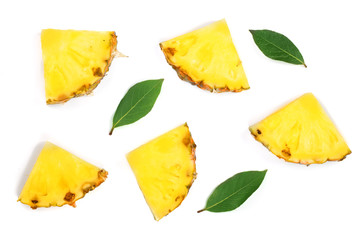 Sliced pineapple with green leaves isolated on white background. Top view. Flat lay pattern