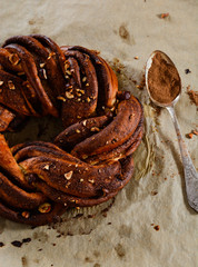 Fresh buns with cinnamon. Cinnamon wreaths.