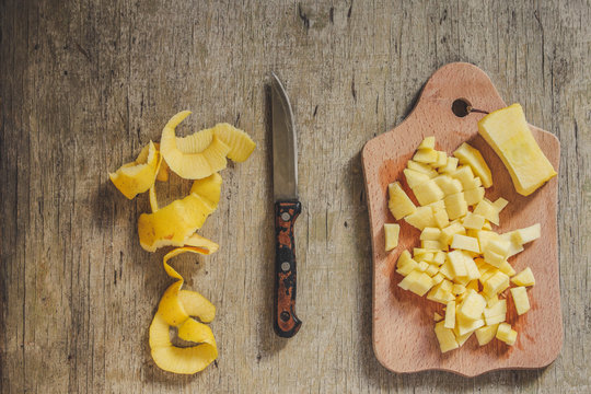 Apple. peel an apple with a knife and cut