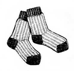Woolen socks. Black and white ink illustration