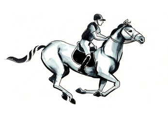 Horse racing. Black and white ink illustration