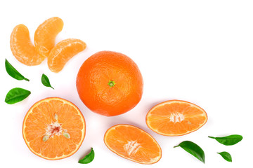 orange or tangerine with leaves isolated on white background with copy space for your text. Flat lay, top view