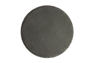 Fototapeta na wymiar Black slay tray for food on the white background. Round rustic black slate stone plate