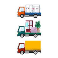 Set of Small Cargo Trucks, Car Transports Windows, Green Mini Lorry with Furniture, Closed Truck, Transport and Delivery Services, Logistics, Vector Illustration